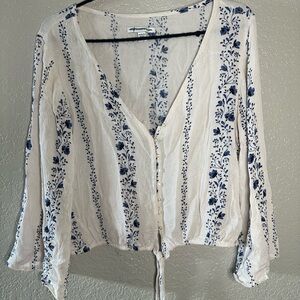 Floral Button-Up Blouse - White and Blue